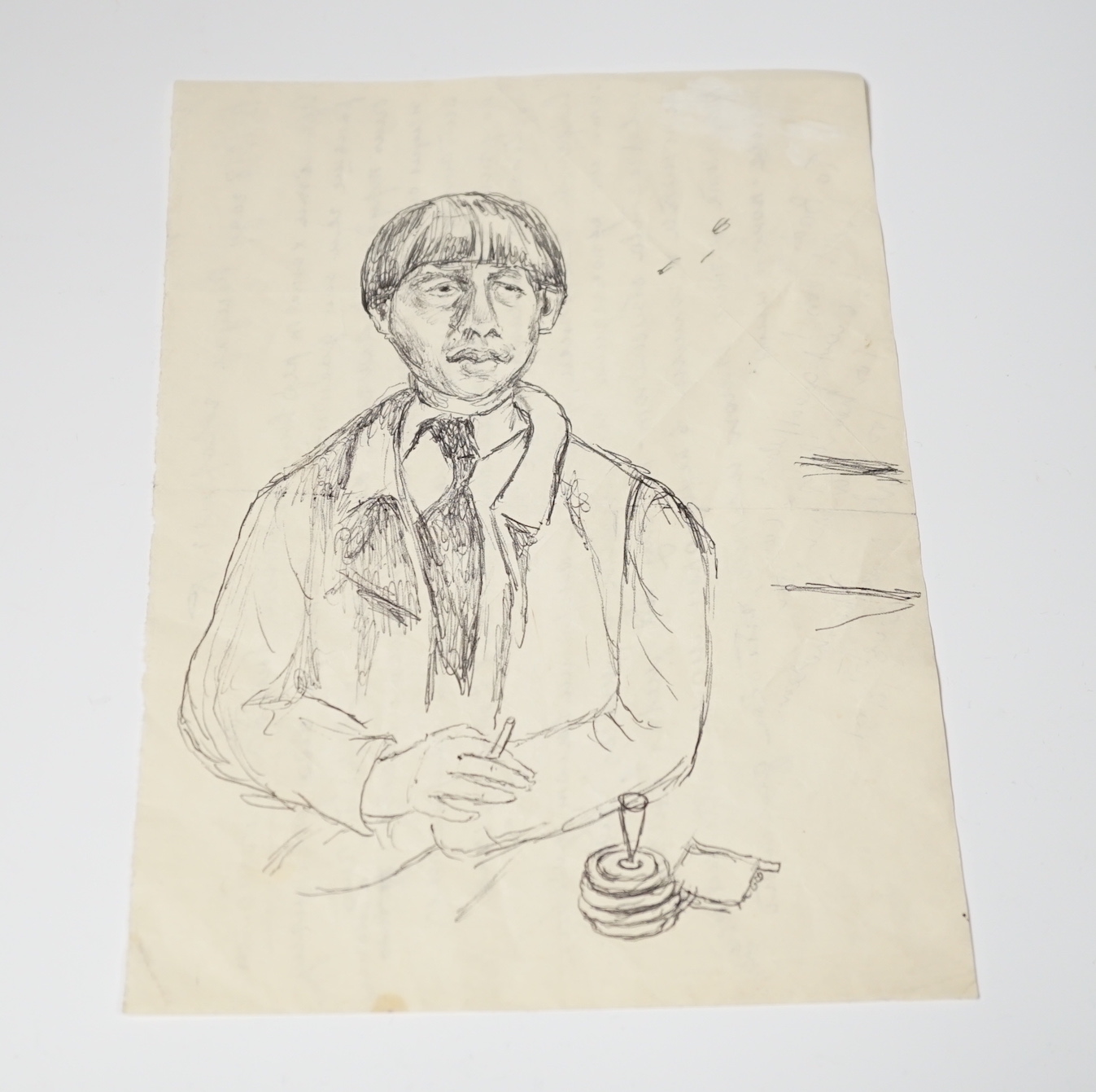 Chaim Soutine interest; a portrait in pen on paper (believed to be either a self-portrait or a portrait of him by Marie Marevna as a contemporary addition to the letter), the reverse with an autograph love letter in penc